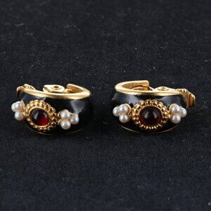 MONET Vintage Red Glass Cabochon Enamel Faux Pearl Earring Set, clip on